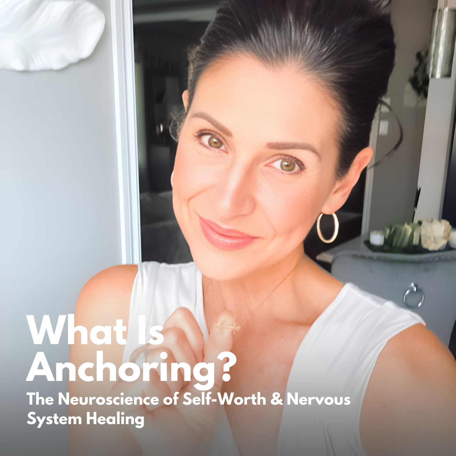 Woman practicing anchoring technique with affirmation necklace for nervous system regulation