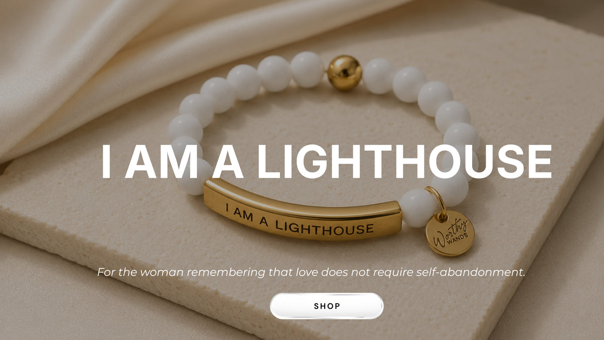 Bracelet with 'I AM A LIGHTHOUSE' text on a beige background