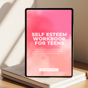 Digital mockup of a 'Self Esteem Workbook for Teens' on a tablet with a pink gradient background.