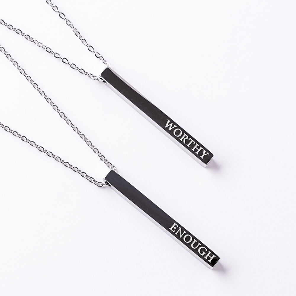 Silver bar necklace engraved with Worthy and Enough designed to support self worth and nervous system regulation